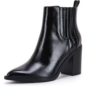 Womens Black Faux Leather Slip on Pointed Toe Chunky Block Mid Heel Booties